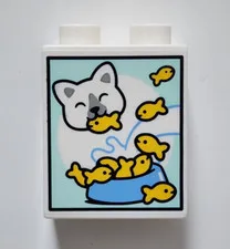 LEGO White Duplo, Brick 1 x 2 x 2 with Cat Eating Fish Kibble and Milk