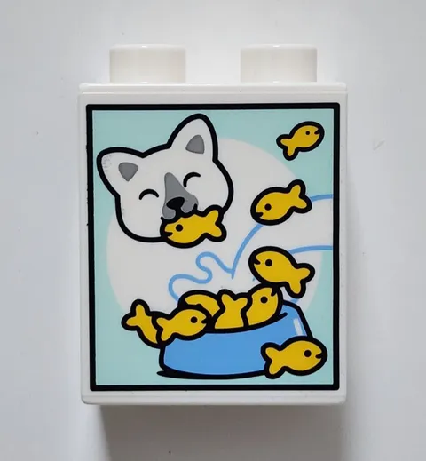 LEGO White Duplo, Brick 1 x 2 x 2 with Cat Eating Fish Kibble and Milk