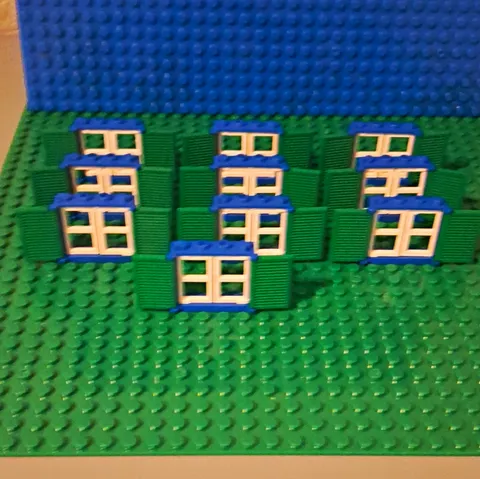 LEGO Window 1x4x3 In Blue. With White Panes And Green Shutters. Lot Of 10.