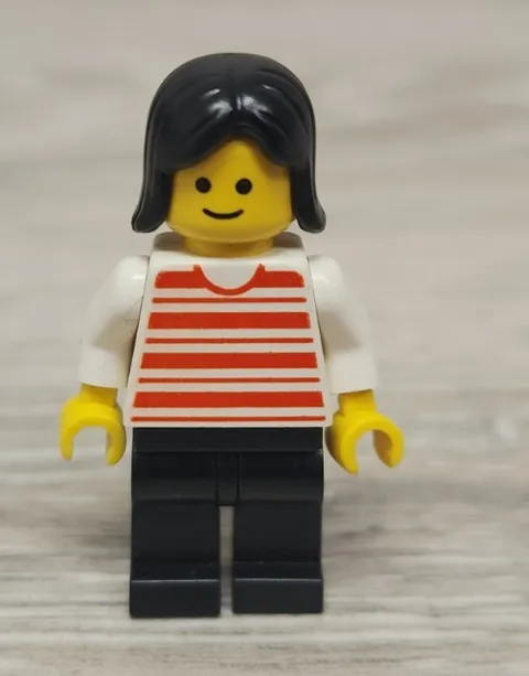 Lego hor020 Horizontal Lines Red White Arms Black Legs Female Hair Minifigure