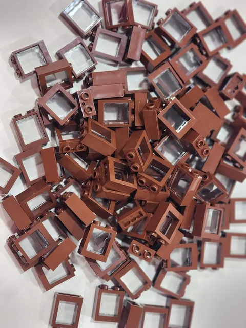 Lego Qty 104 - Reddish Brown - 60592c01 Window 1 x 2 x 2 Flat Front with Trans