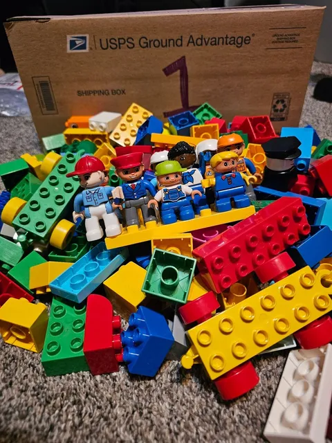 1 - LEGO DUPLO Bulk Lot 200 Mixed Bricks, 2 Train Pieces, and 10 People Figures