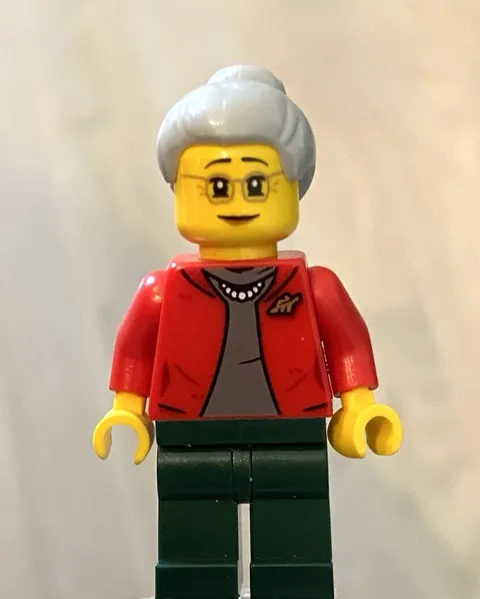 LEGO Older Women Female Minifig, Gray Hair, Red Jacket Grandma Grandmother
