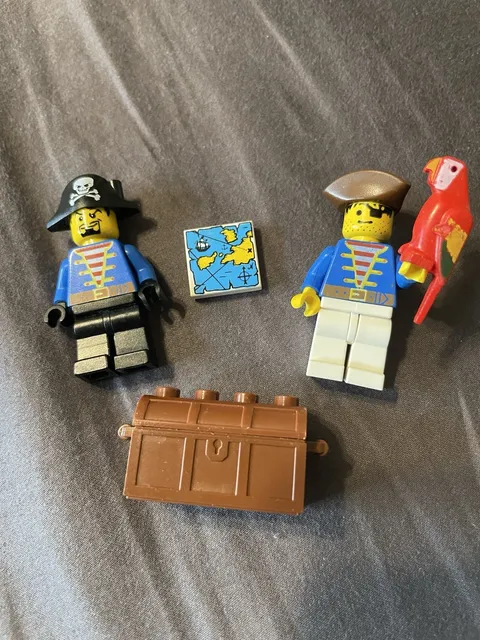 Lego: Lot Of Two Pirate Minifigures With Parrot, Treasure Map, & Treasure Chest