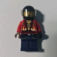 LEGO Minifigure Red Flame Jacket Blue Pants Black Helmet Plastic Figure