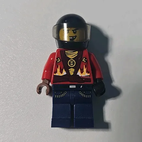 LEGO Minifigure Red Flame Jacket Blue Pants Black Helmet Plastic Figure