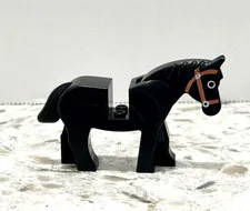 LEGO Vintage Black Castle Horse w Brown Bridle Moveable Head 4493 Animal Figure