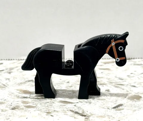 LEGO Vintage Black Castle Horse w Brown Bridle Moveable Head 4493 Animal Figure
