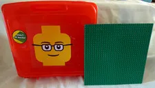 LEGO Red Minifigure Head Storage Tote 12 x 13 x 2.75" w large green Base Plate