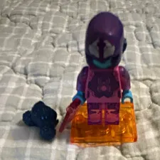 LEGO Minifigure Purple Hood/Helmet Figure w/ Accessories & Orange Display Stand