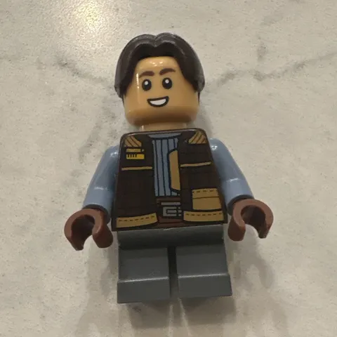 LEGO Minifigure Brown Hair Light Blue Shirt Tan Vest Gray Legs, Plastic