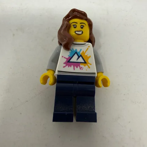 LEGO Minifigure Female Mountain Paint Splatter Shirt Brown Wavy Hair Blue Legs