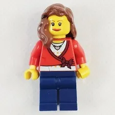 LEGO City Town Girl Female Red Top Heart Necklace Long Brown Hair Minifigure