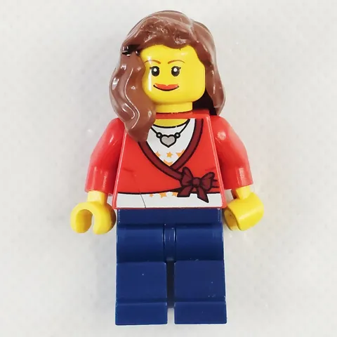 LEGO City Town Girl Female Red Top Heart Necklace Long Brown Hair Minifigure