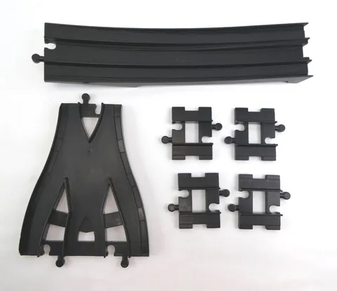 Lego Duplo Black Train Track Junction, Bridge End, and 4 Short Straight Track