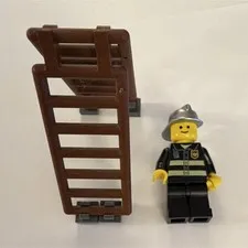 LEGO Firefighter Minifigure Black Uniform Silver & Brown Ladder authentic  10197