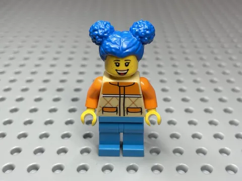 LEGO Minifigure Woman Tan Orange Quilted Vest Blue Hair Buns No: cty1439 60345