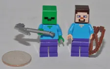 LEGO Minecraft figures Lot x2 - Steve & Zombie - with Weapons Pickaxe + Bow