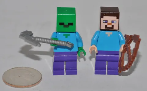 LEGO Minecraft figures Lot x2 - Steve & Zombie - with Weapons Pickaxe + Bow