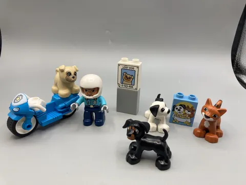 Lego Duplo Dog & Cat Pets LOT + Lost Dog & Motorcycle Cop w/ picture blocks