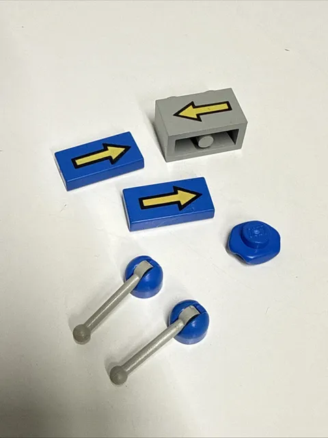 LEGO Space Blue Antenna with Gray Lever, Blue 1x2 Tile w/Yellow Arrow, Etc