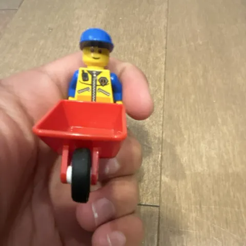 LEGO Construction Worker Minifigure w/ Red Wheelbarrow Accessory & Blue Cap