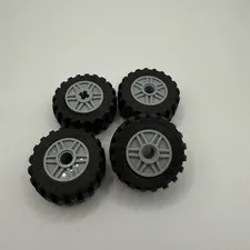 4 LEGO Tire 30.4 x 14 Wheel With Light Blue Gray Rims 59881 Pin Hole