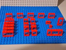 Vintage LEGO Windows In Red. Various Sizes. With Glass Panes. Lot Of 21.