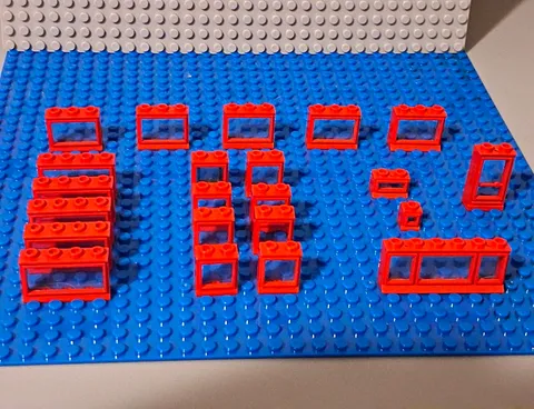 Vintage LEGO Windows In Red. Various Sizes. With Glass Panes. Lot Of 21.