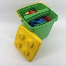 Lego Duplo Green Bucket / Yellow Lid + 60 Bricks 1992 Vintage
