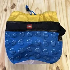 LEGO Storage Soft Bucket Bag Tote Cinch Drawstring Blue /Yellow -Lego Pattern