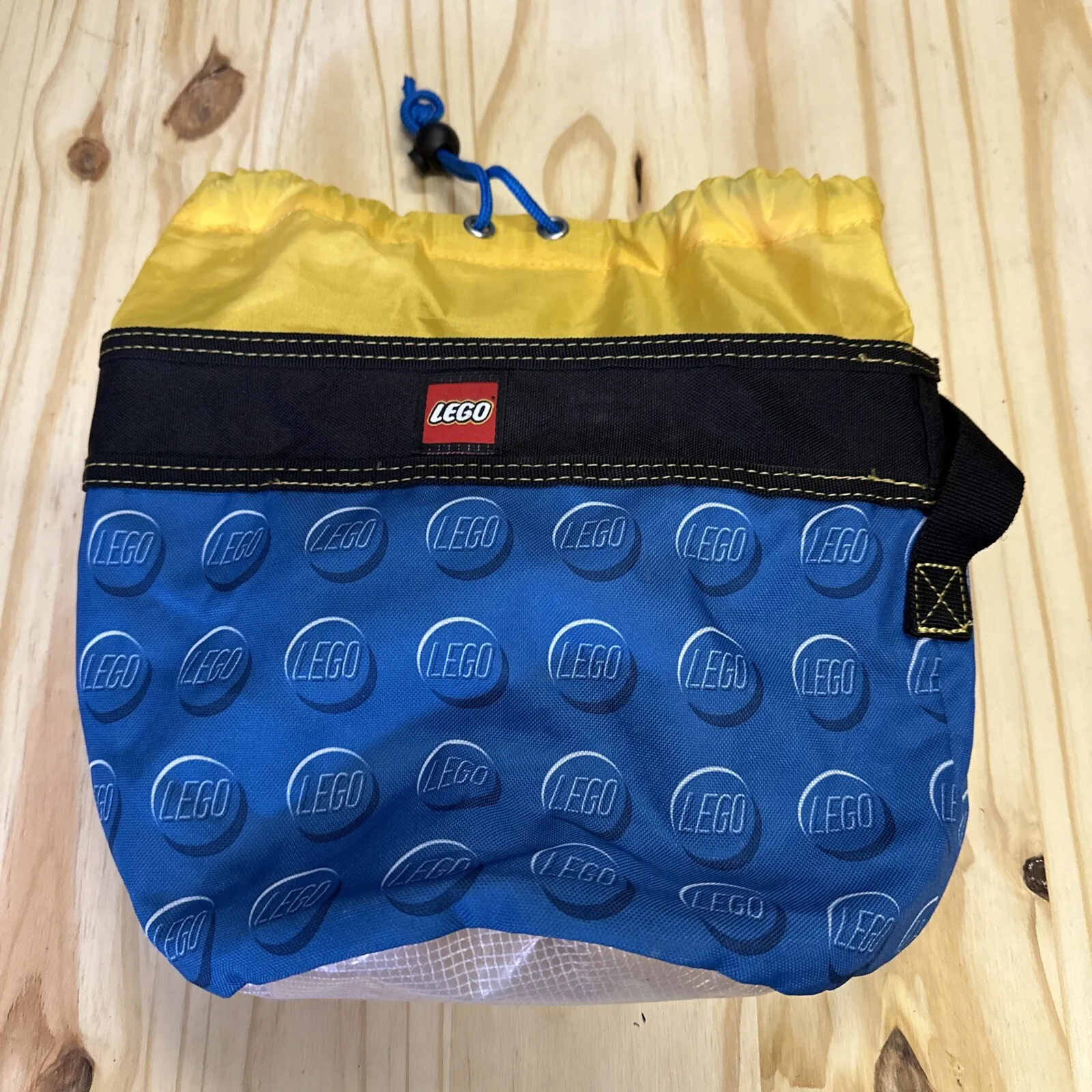 LEGO Storage Soft Bucket Bag Tote Cinch Drawstring Blue /Yellow -Lego Pattern