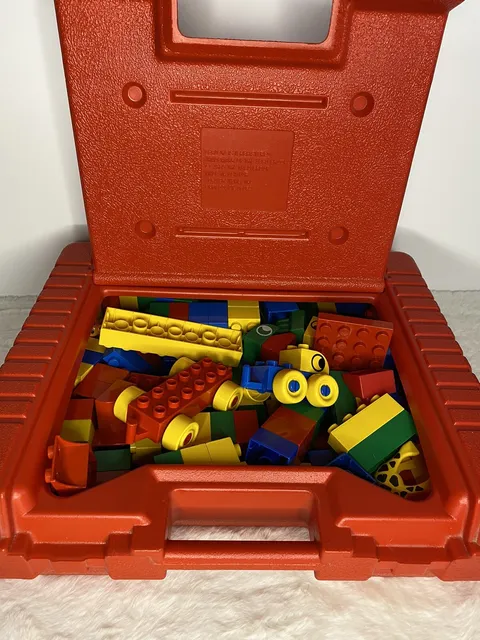 LEGO Vintage 1985 Red Plastic Storage Carrying Case Box Bin Tote and LEGOS