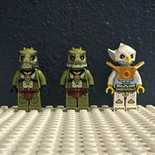 LEGO Minifigures Lot of 3; 2 Green Reptile Figures + White Bird Warrior