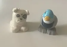 2Lego Duplo Mallard Duck Bird Blue Head & White Bulldog Puppy Dog Figure Toy Lot