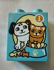 Lego Duplo Medium Azure Dog & Cat With Bowl Printed Block
