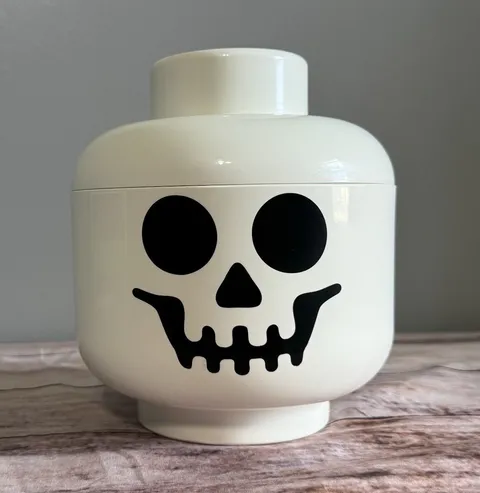 LEGO White Skeleton Minifigure Head Storage Container, Stackable Plastic 7 in