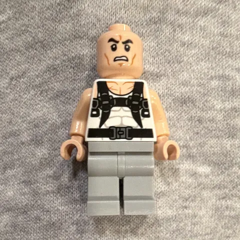 LEGO Minifigure Bald Head Angry Face Black Harness Print w/ Gray Legs