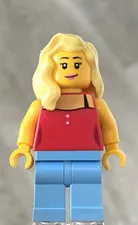 LEGO Female  W/ 2 Sided Head, Blond Hair, Red Top W/ Black Straps & Two Buttons