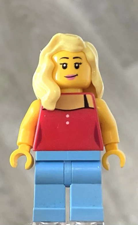 LEGO Female  W/ 2 Sided Head, Blond Hair, Red Top W/ Black Straps & Two Buttons
