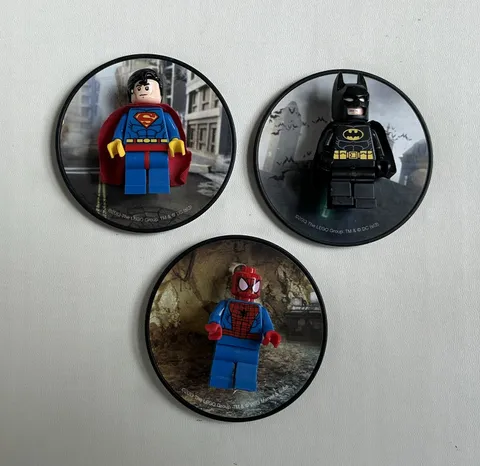 2013 Lego Group Marvel Round Magnets Lot 3 Batman Spiderman Superman