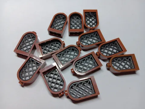 LEGO LOT 13 REDDISH BROWN WINDOW ROUNDED TOP 1 X 2 X 2 2/3 #30044 BLACK LATTICE
