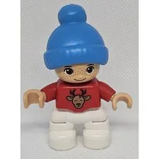 LEGO DUPLO Boy Figure Blue Beanie Reindeer Sweater White Pants 313H2