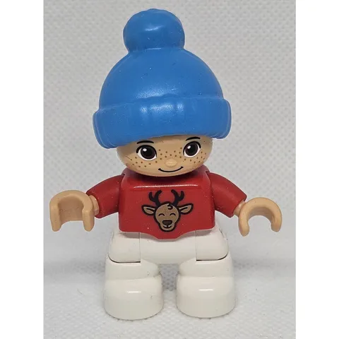 LEGO DUPLO Boy Figure Blue Beanie Reindeer Sweater White Pants 313H2