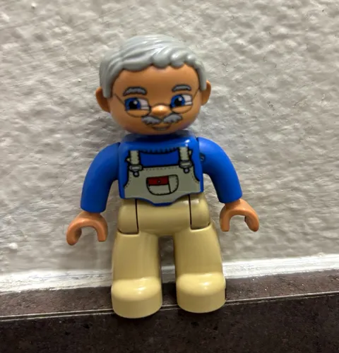 LEGO Minifigure Grandpa Elderly Man Gray Hair Glasses Blue Shirt Tan Overalls