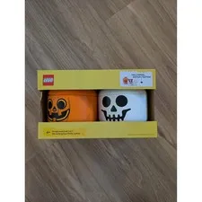 LEGO Halloween Storage Head Small Pumpkin Skull Organizer Bin 2 Pack Stackable