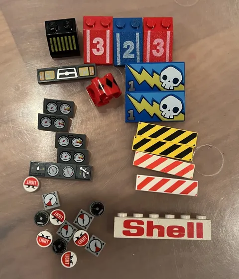 LEGO Lot of 30 Printed Car/Racing/Gas/Caution Parts 1x1, 1x4, 1x6, 2x4, 2x3