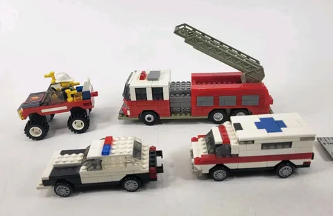 Set Of 4 Vintage Lego Put Together Firetruck Police Ambulance 