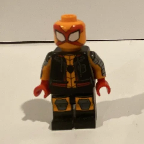 LEGO Minifigure Orange Mask Head White Eyes Dark Gray Torso Black Legs Red Hands