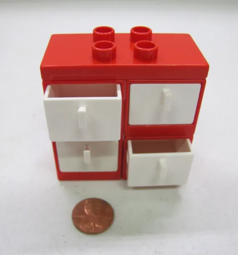 Lego Duplo Red Cabinet w/ 4 White Drawers Dresser For Room Vintage House Red Top